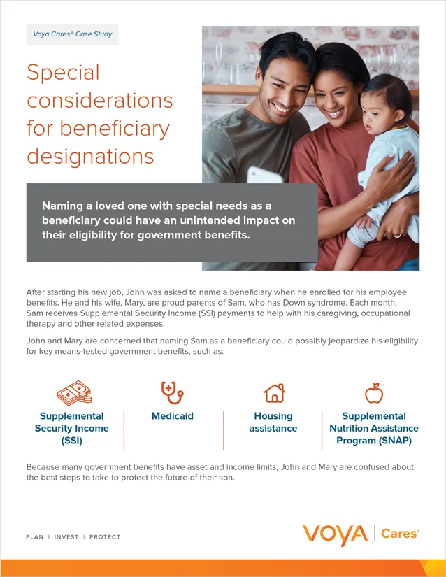 Thumbnail of document that includes an image of a young family taking a photo on a phone. The headline reads Special considerations for beneficiary designations. 